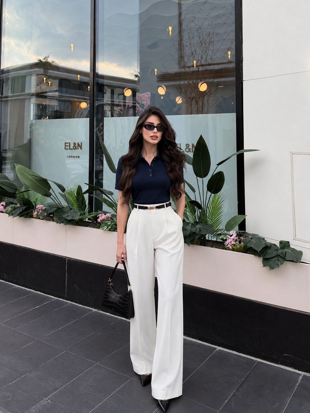 The She Knew Set — Navy Polo & White Wide-Leg Trouser