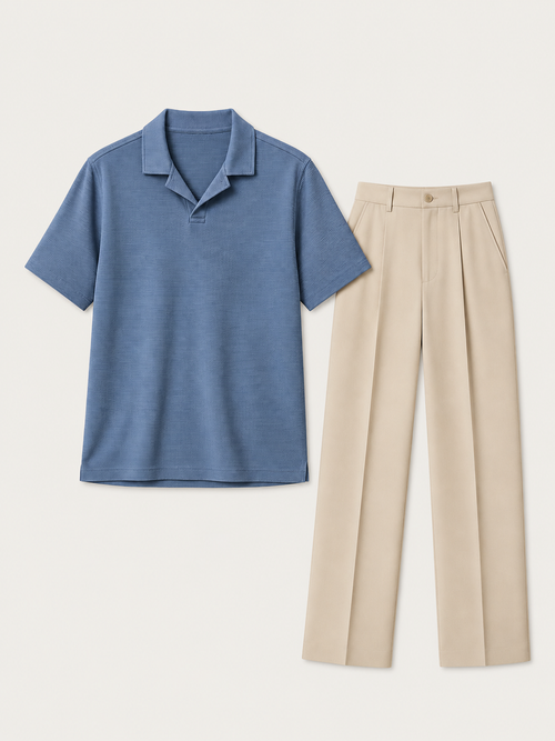 The Coastal Set — Steel Blue Polo & Sand Trouser