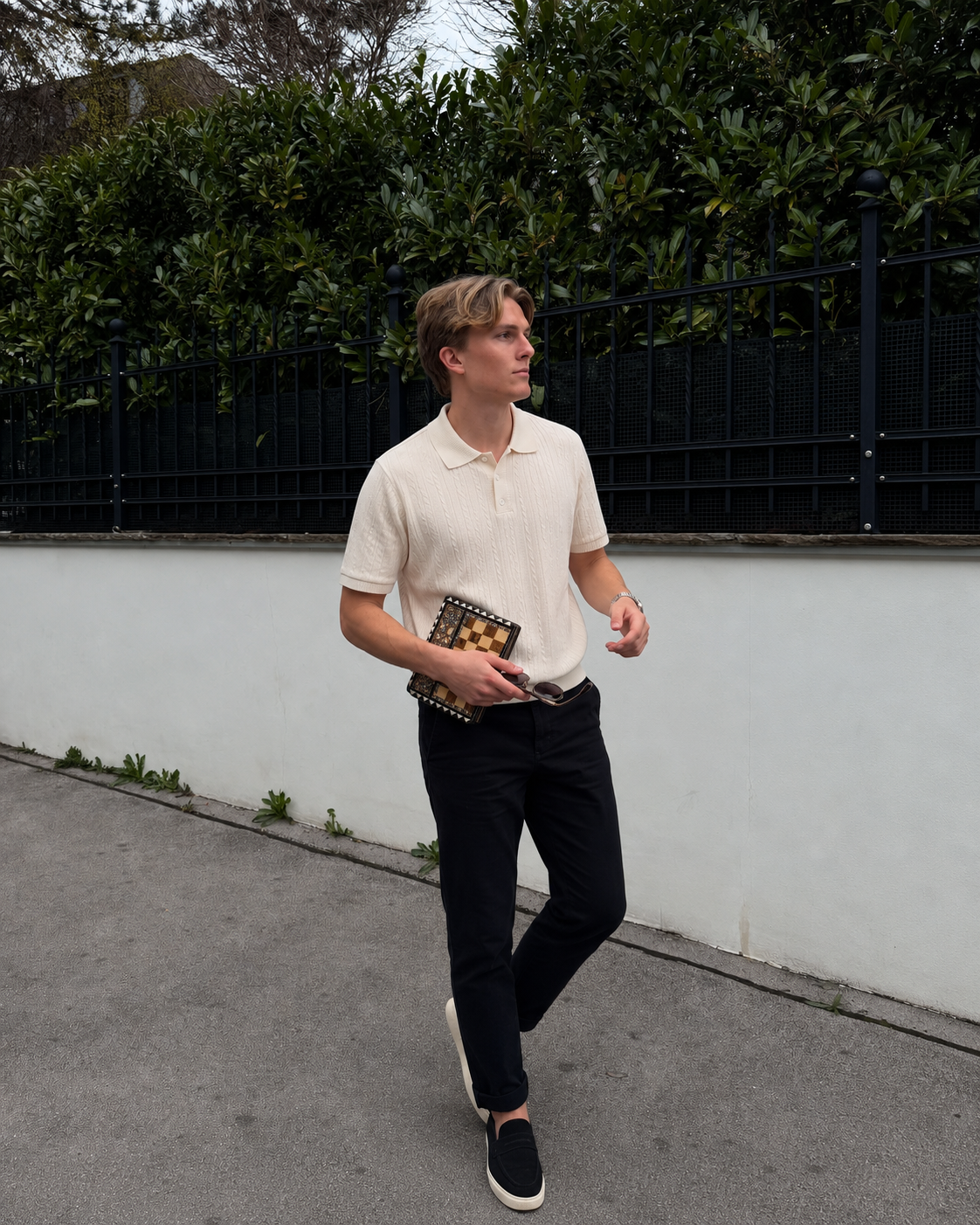 The Contrast Set — Ivory Knit Polo & Black Trouser