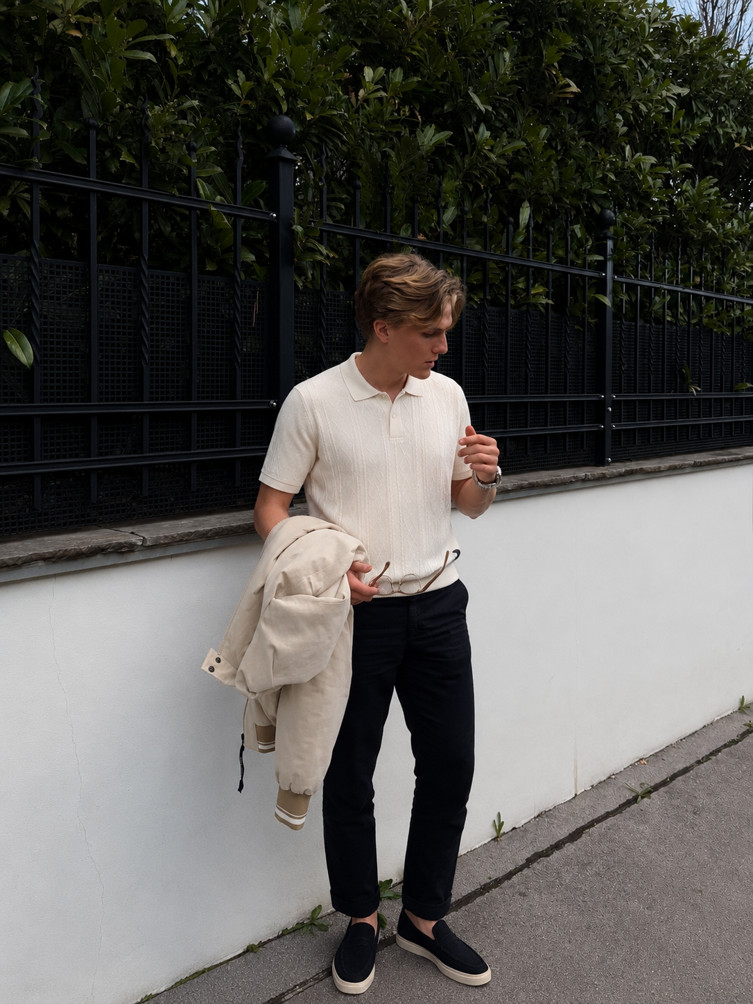 The Contrast Set — Ivory Knit Polo & Black Trouser