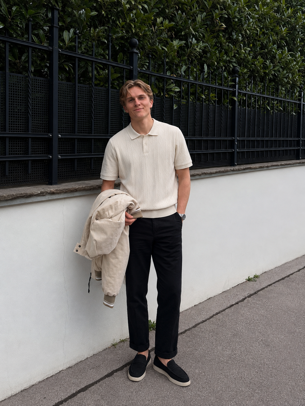 The Contrast Set — Ivory Knit Polo & Black Trouser