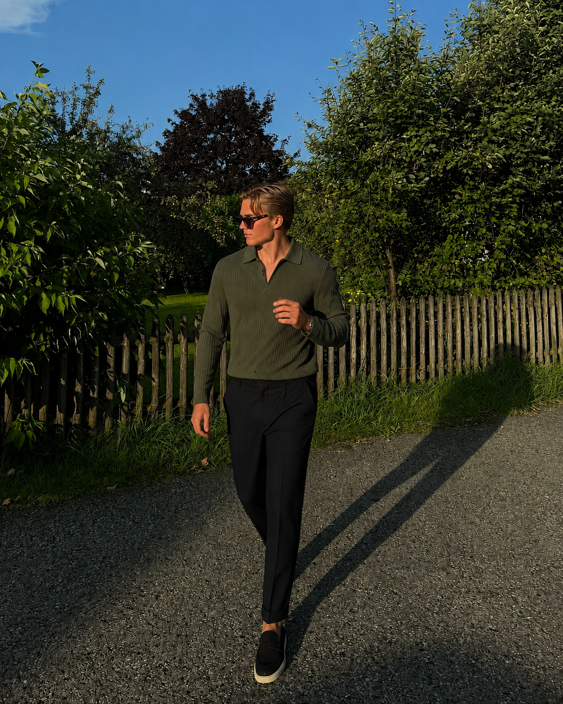 The Dusk Set — Olive Knit Polo & Black Trouser