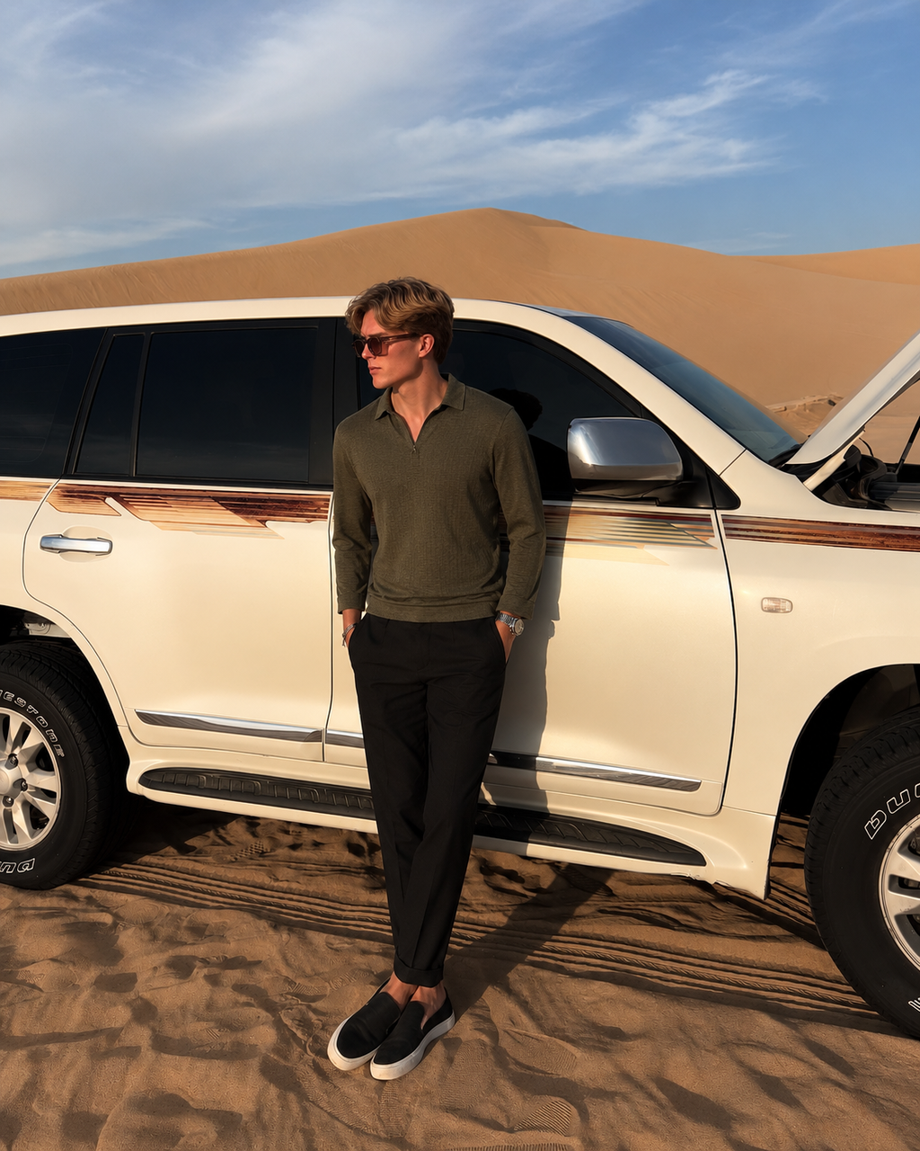 The Dusk Set — Olive Knit Polo & Black Trouser