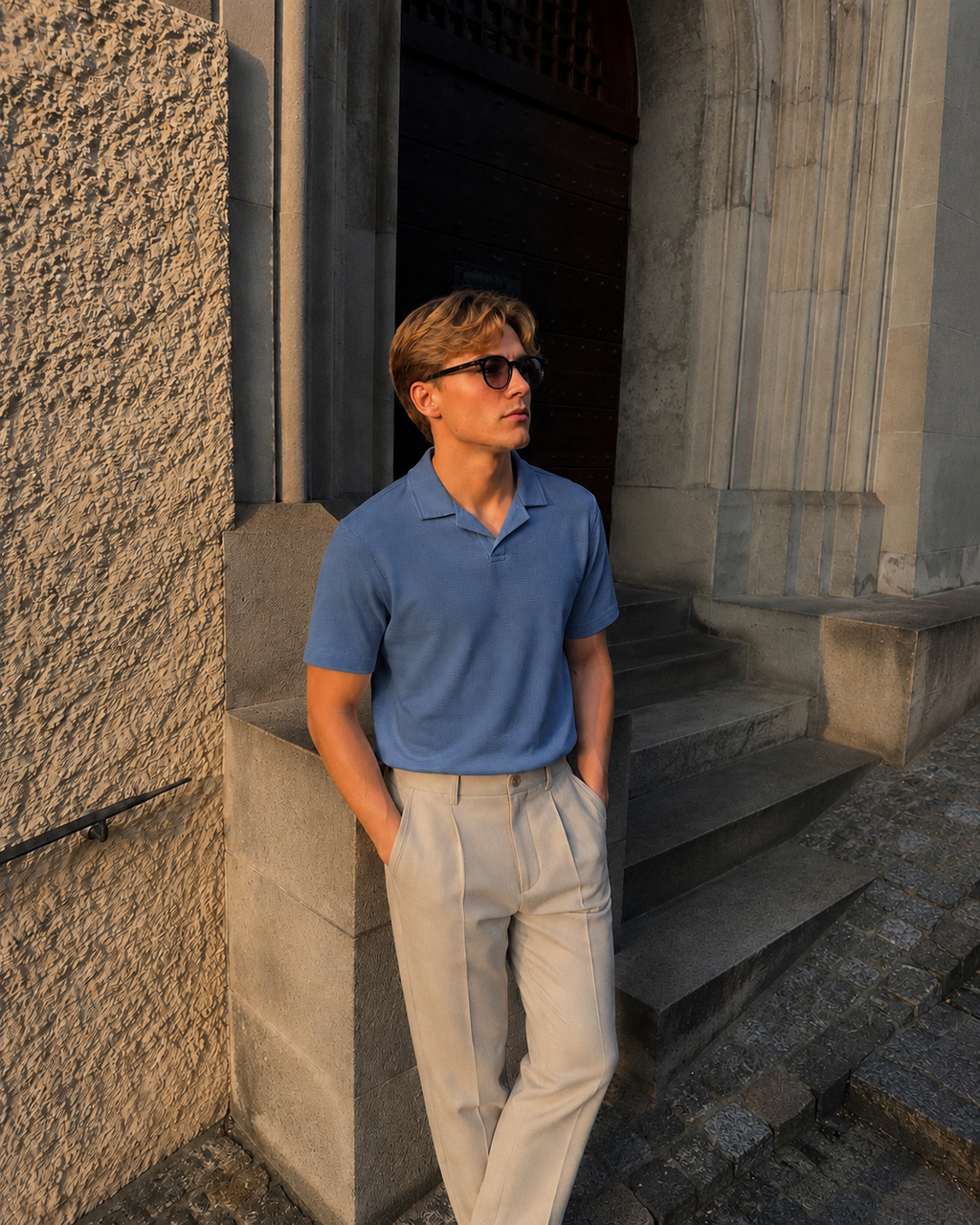 The Coastal Set — Steel Blue Polo & Sand Trouser