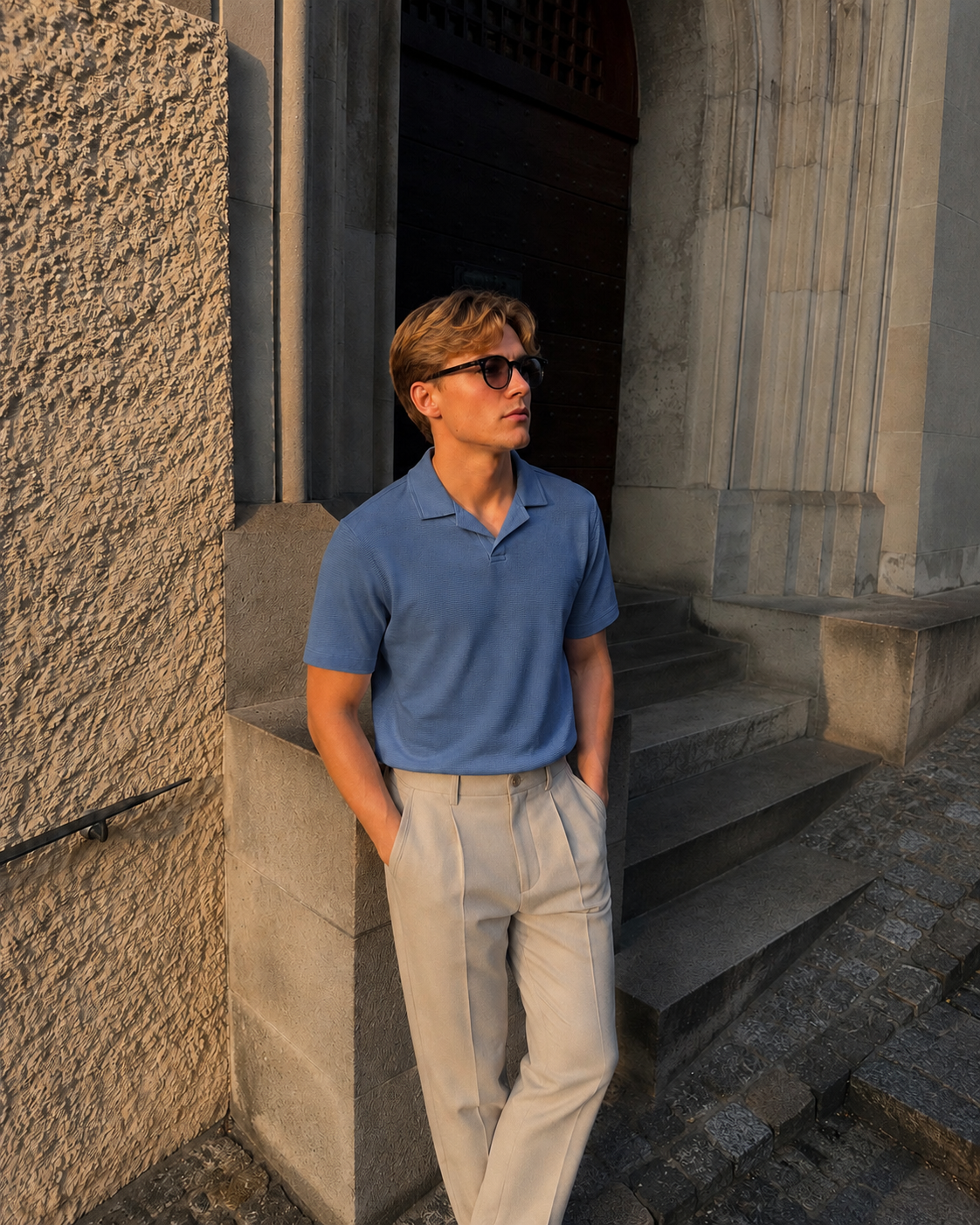 The Coastal Set — Steel Blue Polo & Sand Trouser