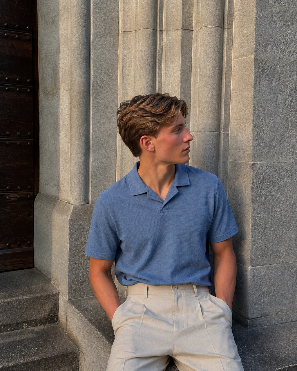 The Coastal Set — Steel Blue Polo & Sand Trouser